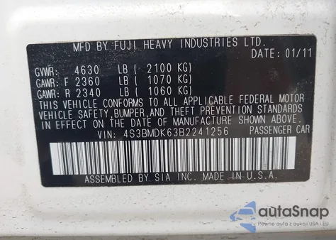 2011 Subaru Legacy 3.6R Limited z USA, uszkodzony, nr VIN 4S3BMDK63B2241256